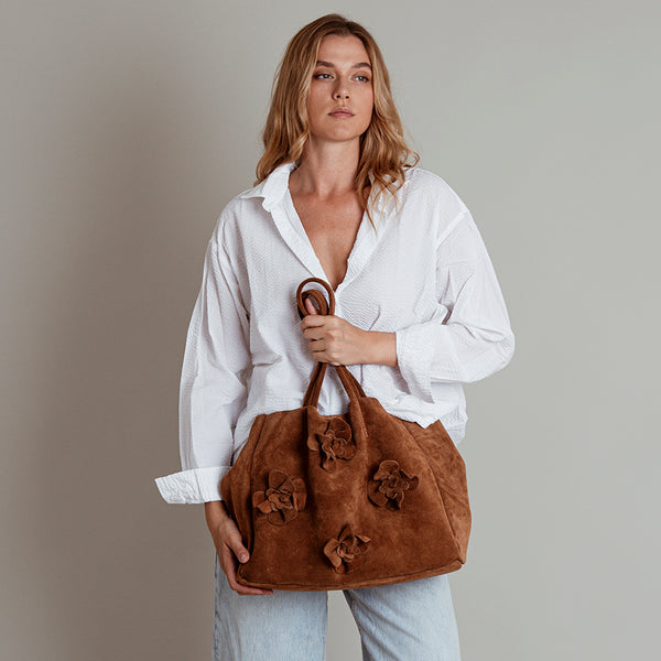 FLOWER - Shopping bag with suede leather flowers