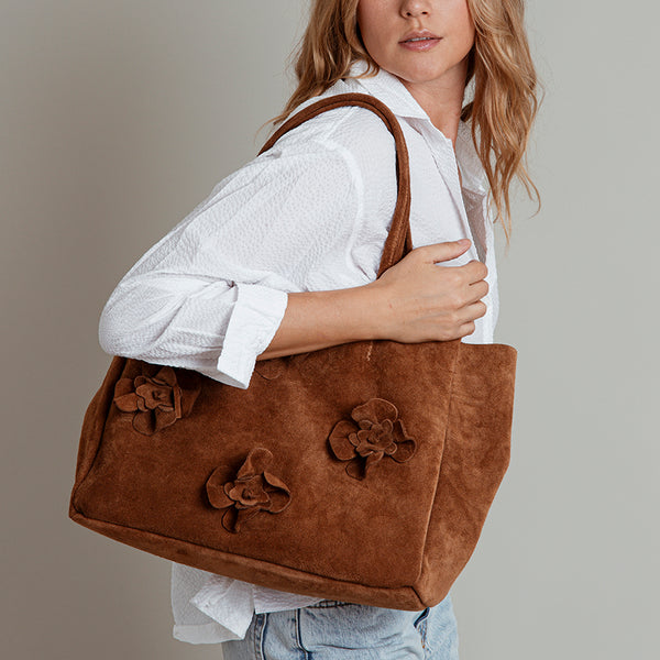 FLOWER - Shopping bag with suede leather flowers