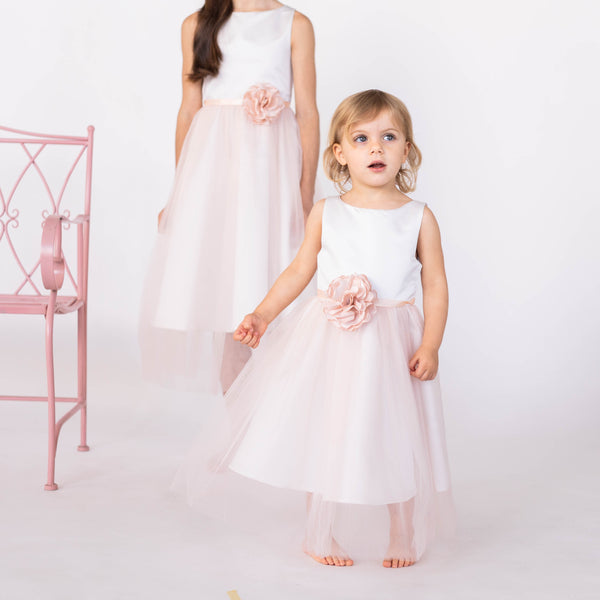 abito in tessuto mikado e gonna tulle rosa