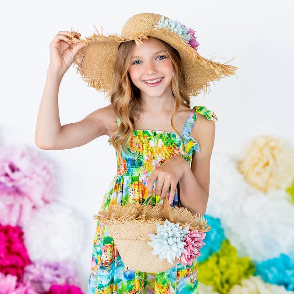borsa cloche in raffia con fiori