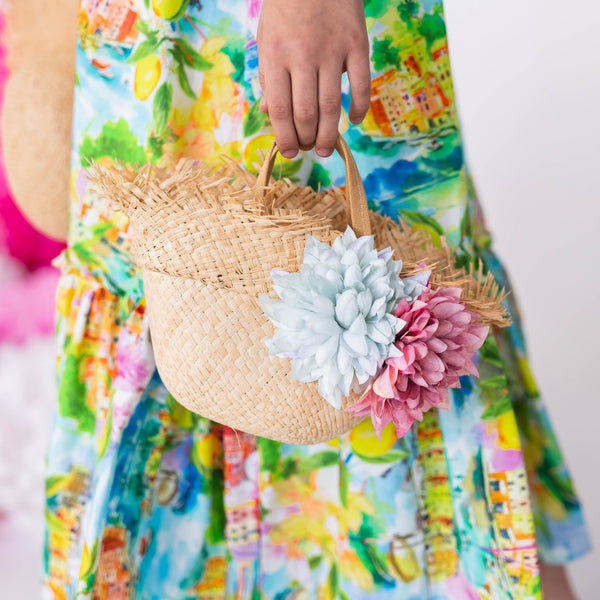 borsa cloche in raffia con fiori