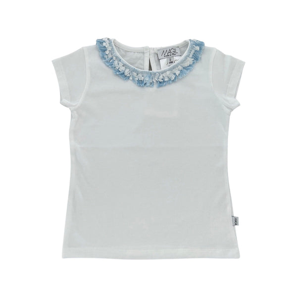 BLAUWE FRANJEN T-SHIRT BIJ DE HALS