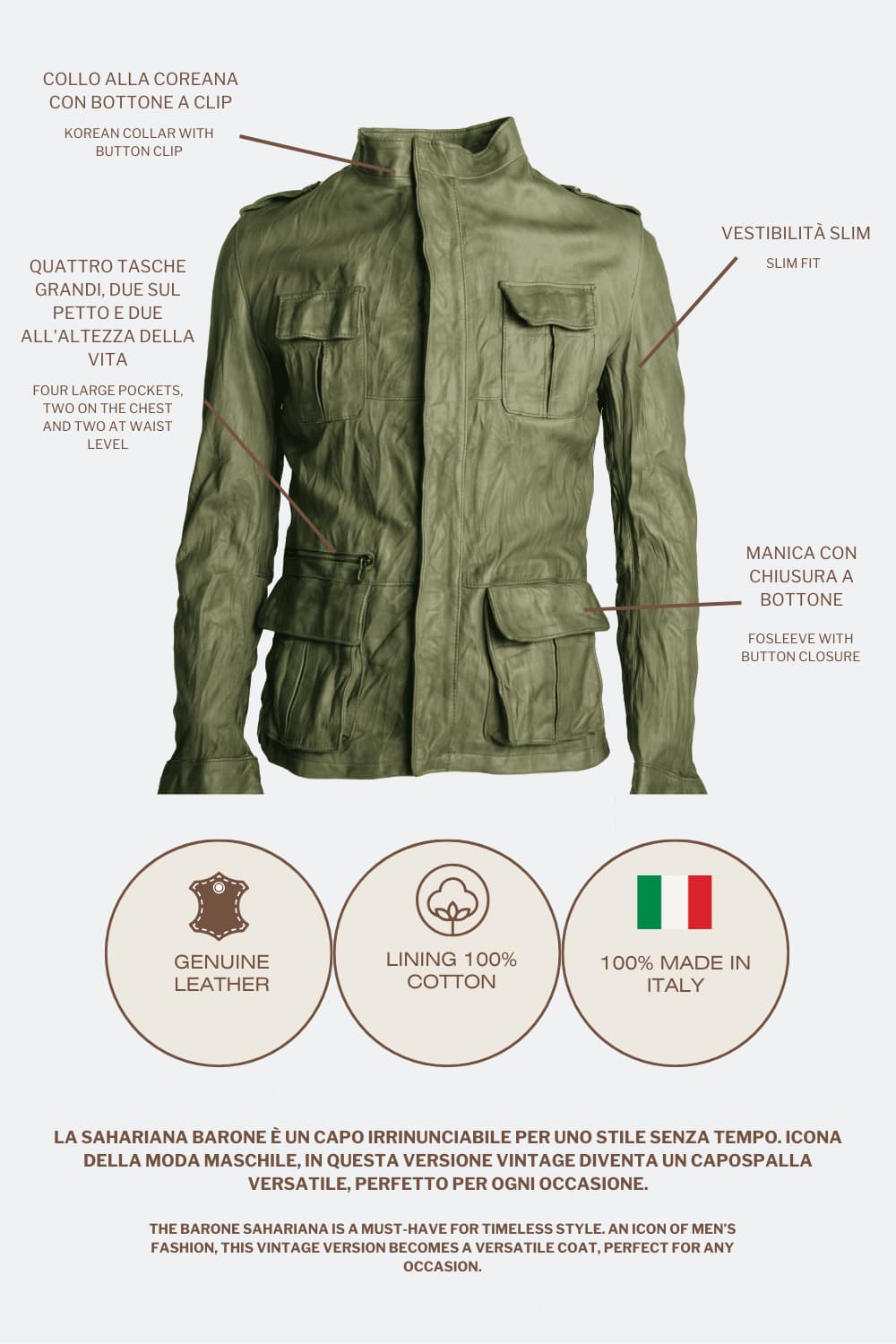 Francesco Sahariana Vintage Verde giacca uomo 100% vera pelle Made in Italy - Barone Firenze 