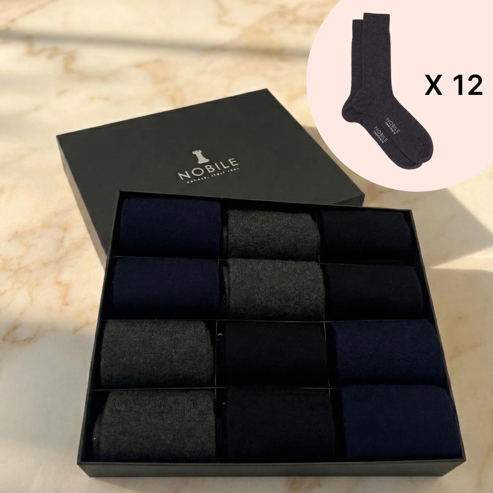 Box 12 paia calze corte in Cashmere di Capra Hircus - Colori Misti
