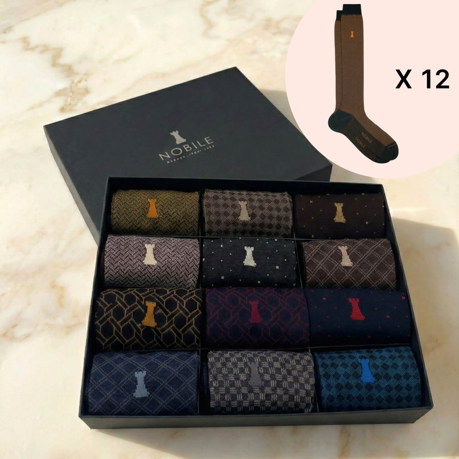 Box of 12 Pairs of Long Socks in Filoscozia® - Mixed Patterns