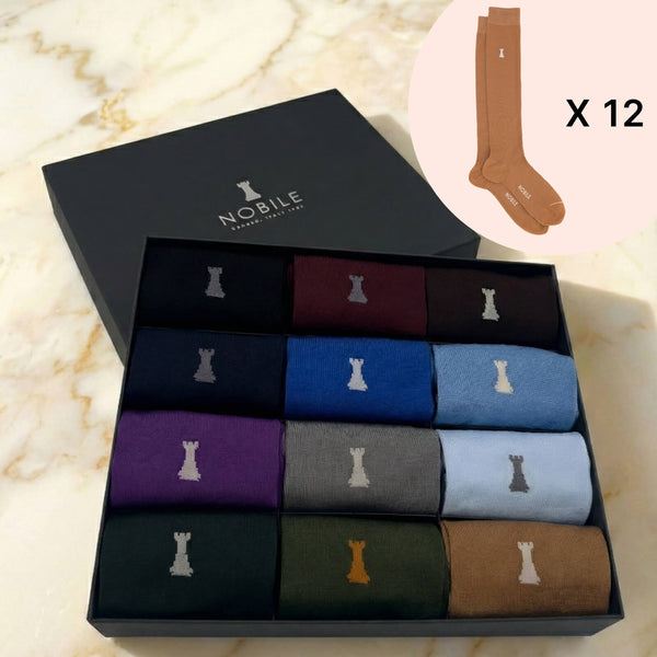 Doos van 12 paar lange sokken in Filoscozia® - Federico II effen kleuren