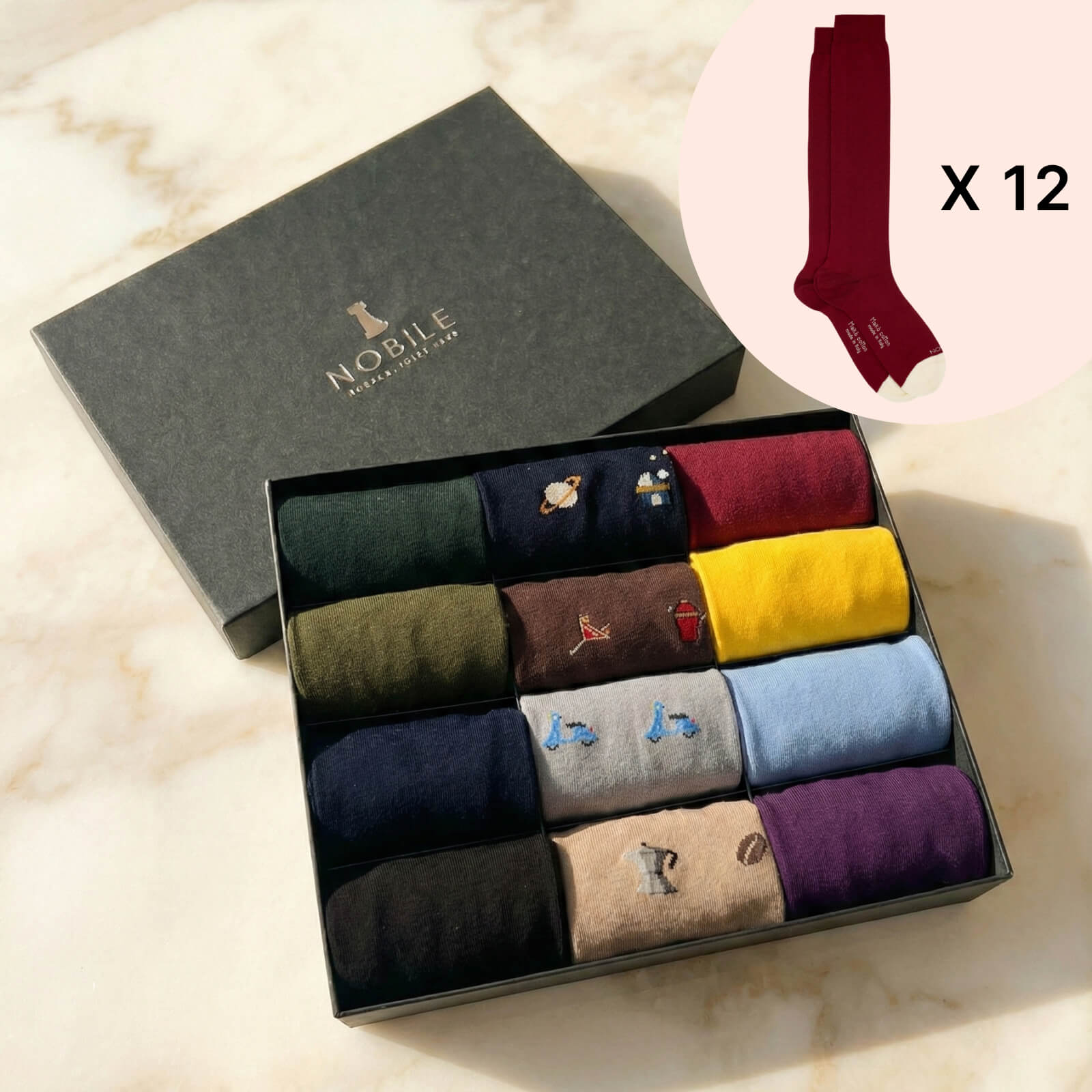 Box of 12 Pairs of Long Socks in Makò Cotton - Mixed Patterns