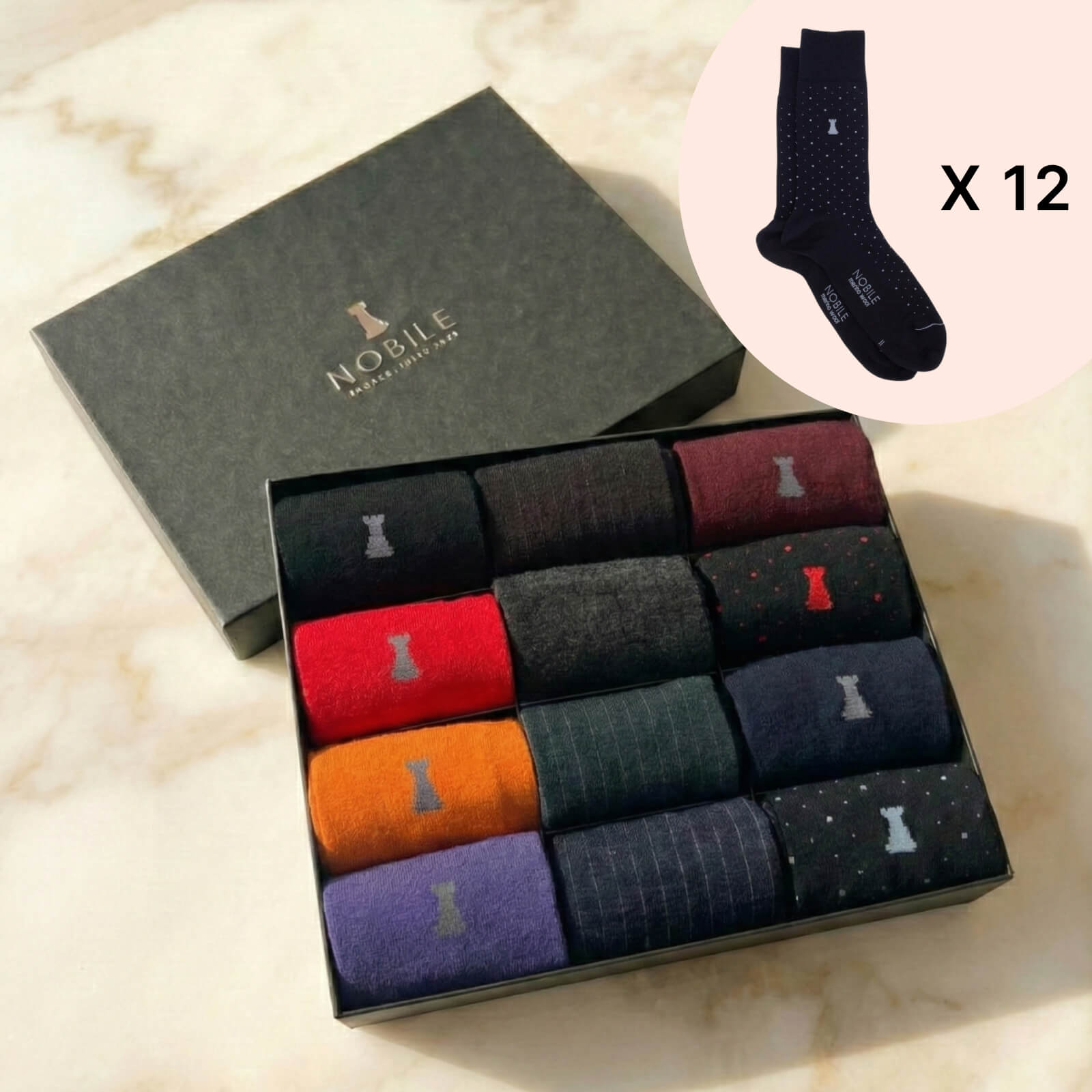 Box of 12 Pairs of Short Socks in Merino Wool - Mixed Patterns