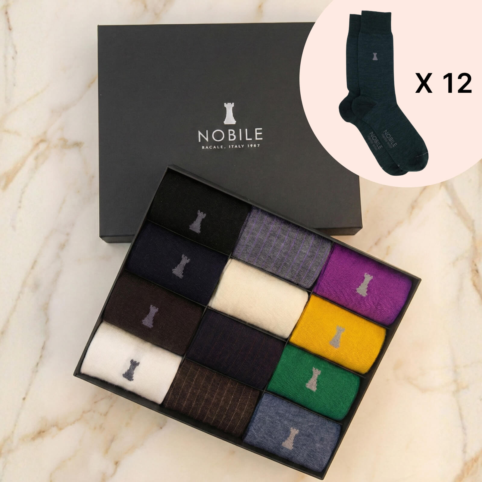 Box of 12 Pairs of Short Merino Wool Socks - Solid Color & Micro Rib