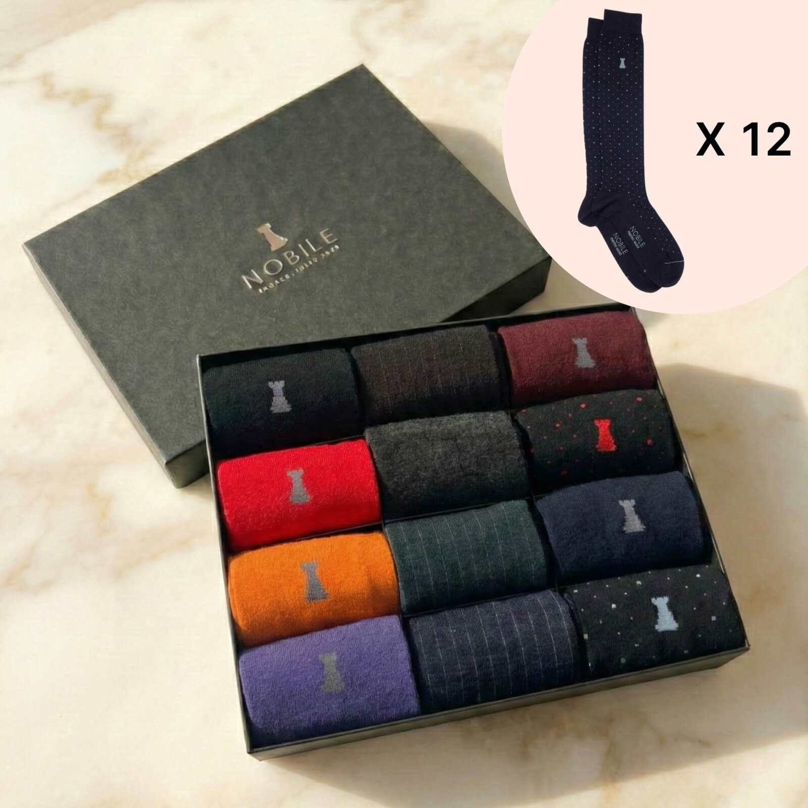 Box 12 paia calze lunghe in Lana Merino - Fantasia Mista
