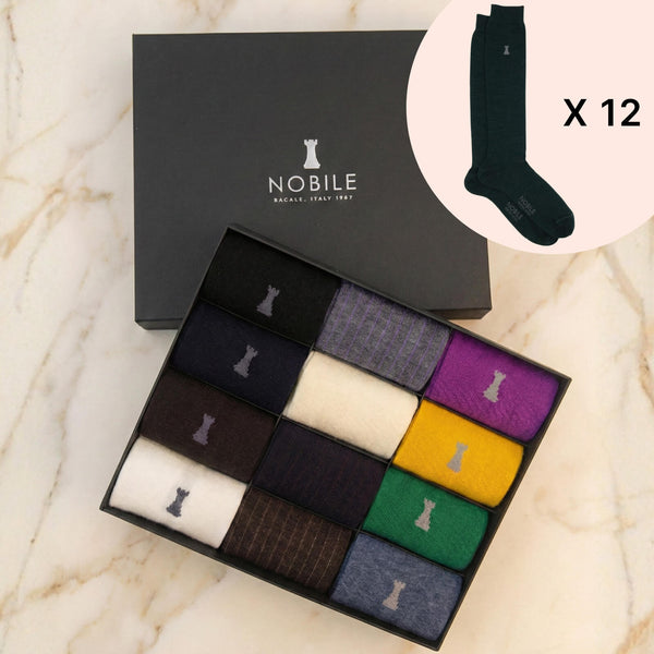 Doos van 12 Paar Lange Merino Wol Sokken - Effen Kleur & Micro Rib