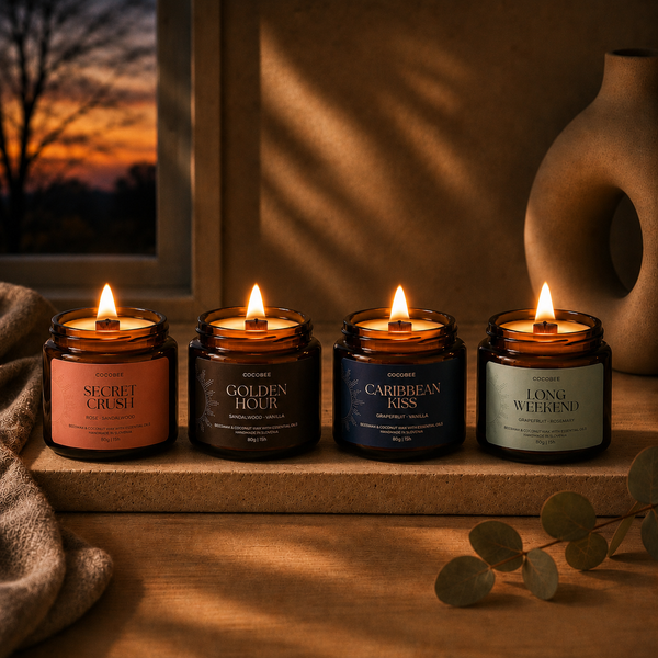 Four lit CocoBee candles from the Four Moods set