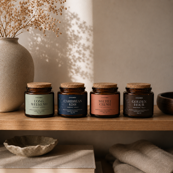 Four CocoBee candles with cork lids on a wooden shelf