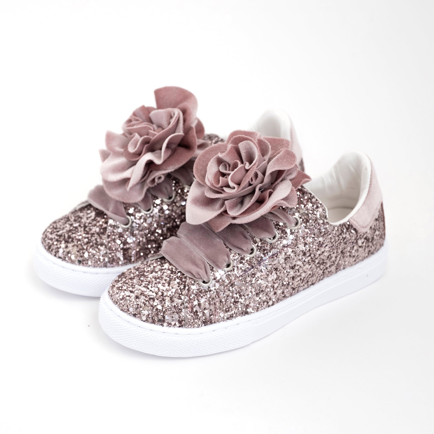 SNEAKERS GLITTER CON FIORE VELLUTO