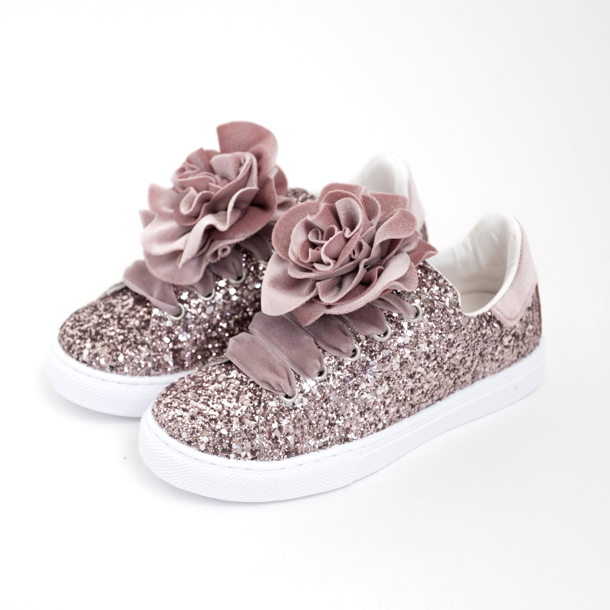 SNEAKERS GLITTER CON FIORE VELLUTO