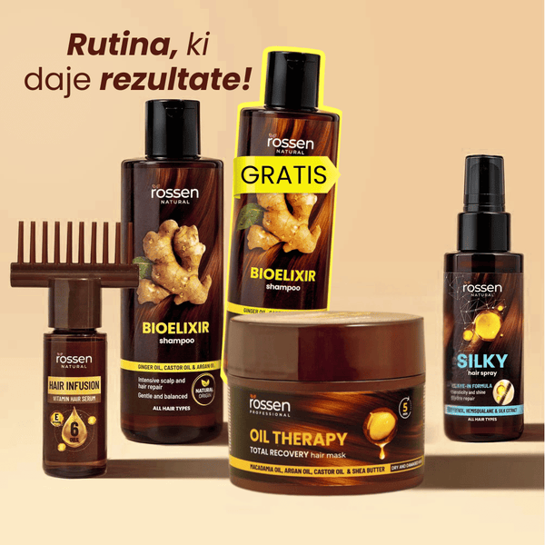 Assorted Rossen Natural hair care products on a beige background with a bright 'GRATIS' promo tag across the central bottle.