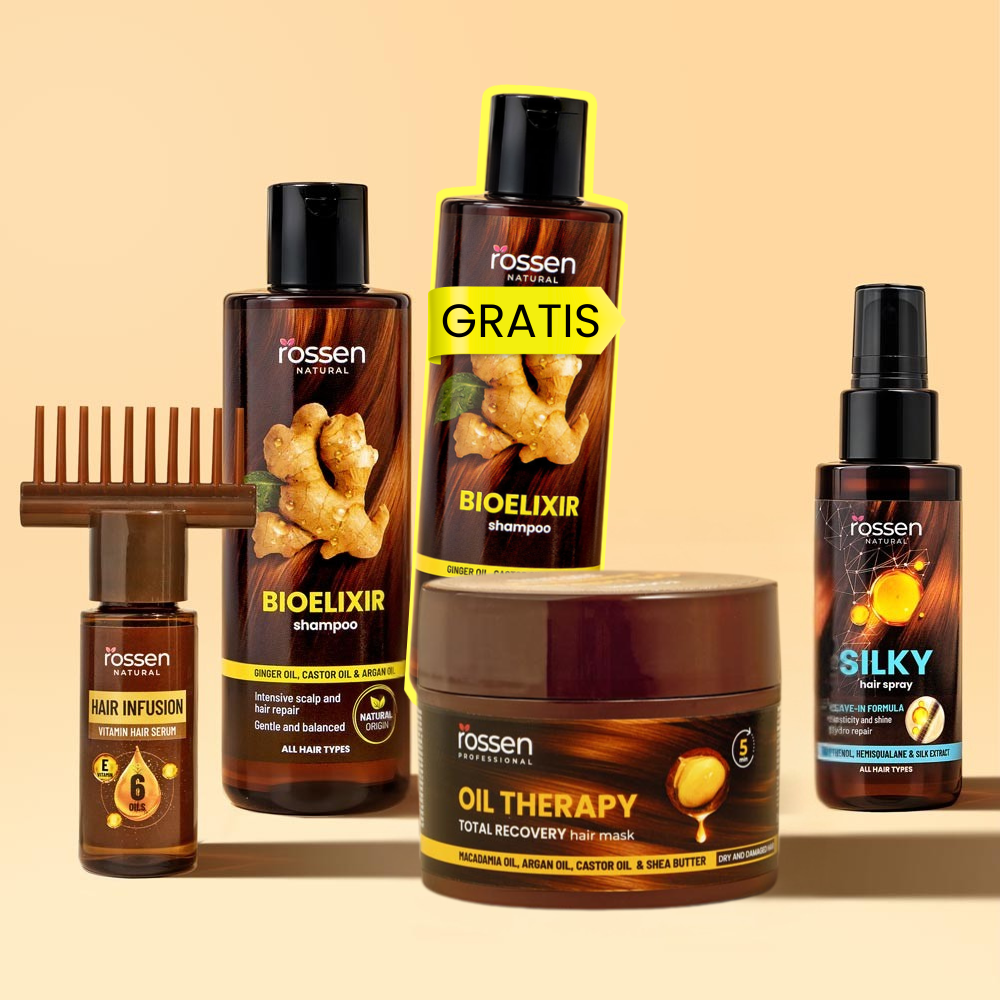 Assorted Rossen Natural hair care products (shampoo, oil, mask, spray) arranged on a beige background with a yellow GRATIS banner.