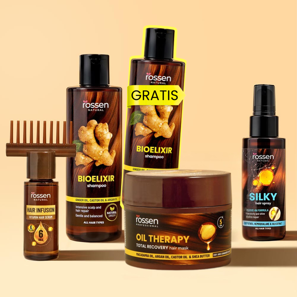 Assorted Rossen Natural hair care products (shampoo, oil, mask, spray) arranged on a beige background with a yellow GRATIS banner.