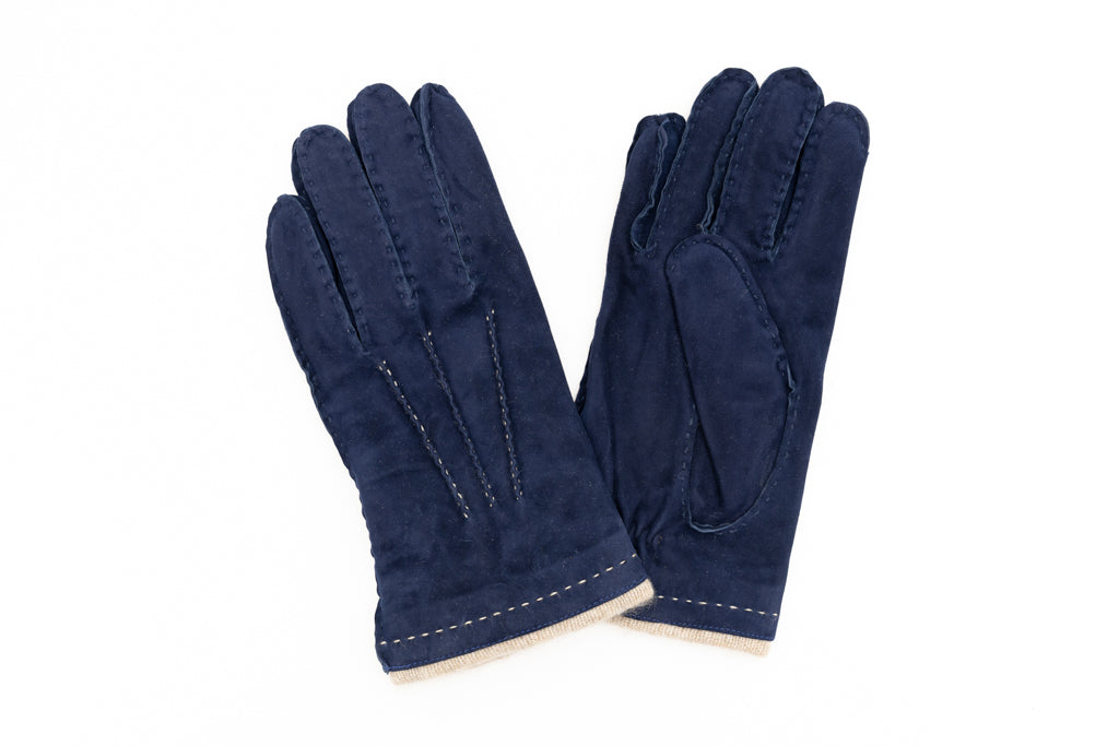 Blue suede gloves with beige interior