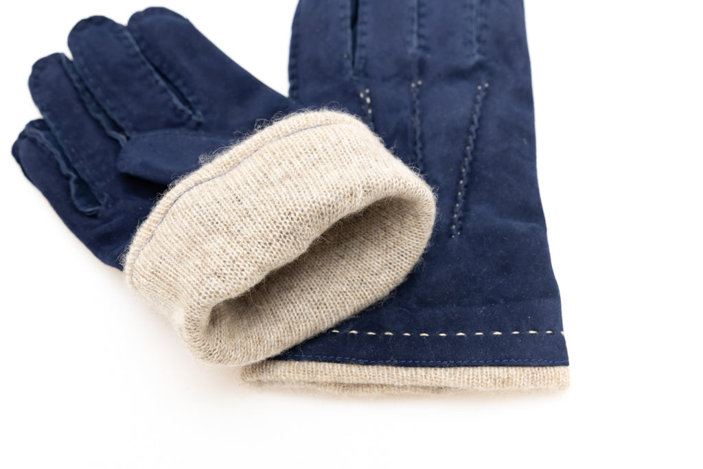 Blue suede gloves with beige interior