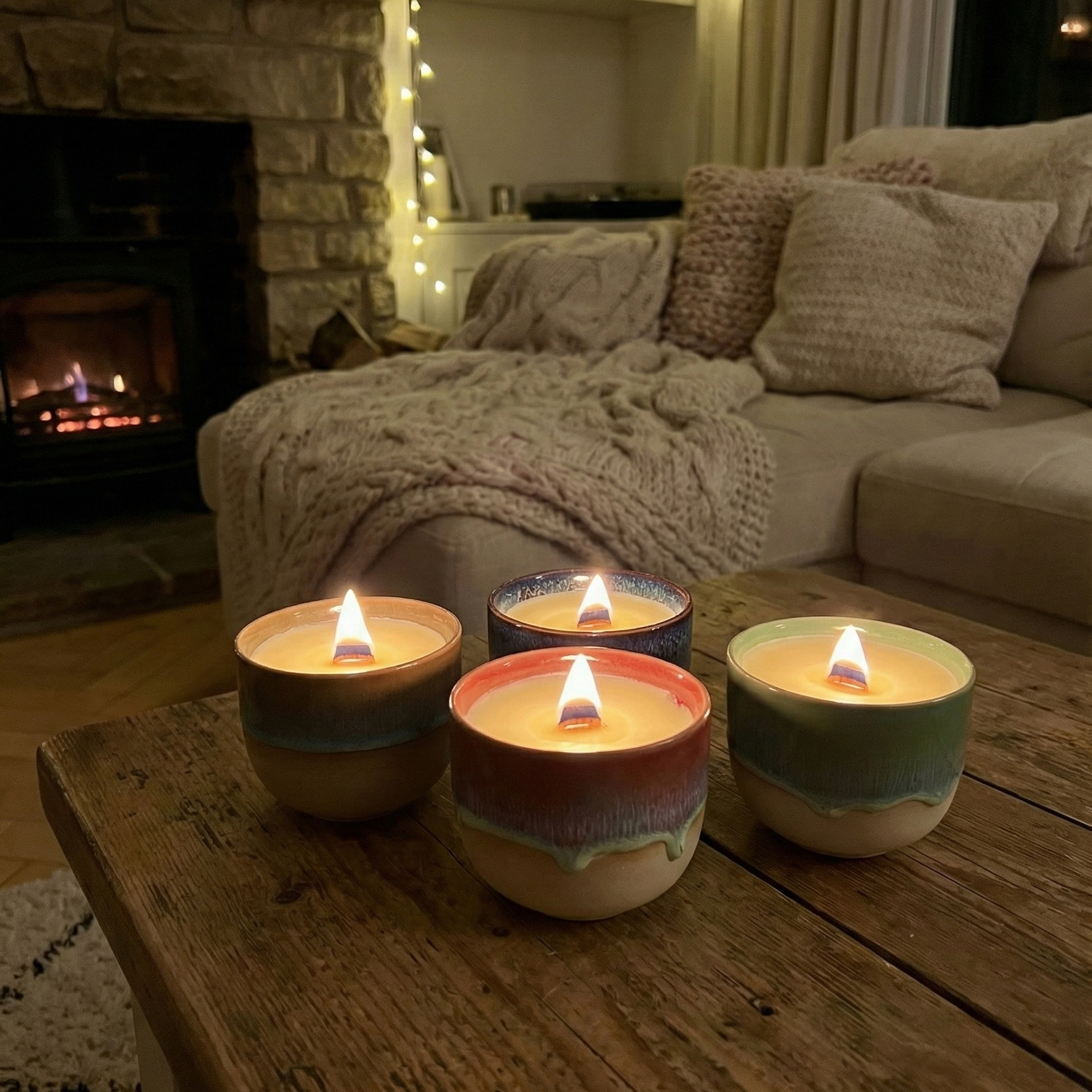 Wood wick candles in glazed ceramic cups, made out of beeswax and coconut wax