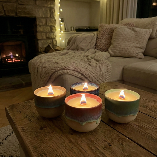 Wood wick candles in glazed ceramic cups, made out of beeswax and coconut wax in a cozy fireplace setting