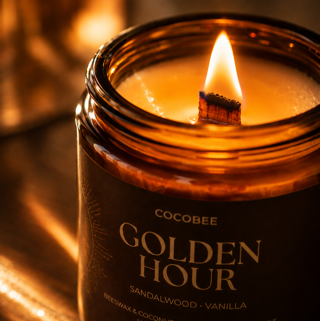 Golden Hour CocoBee candle with sandalwood and vanilla essential oils