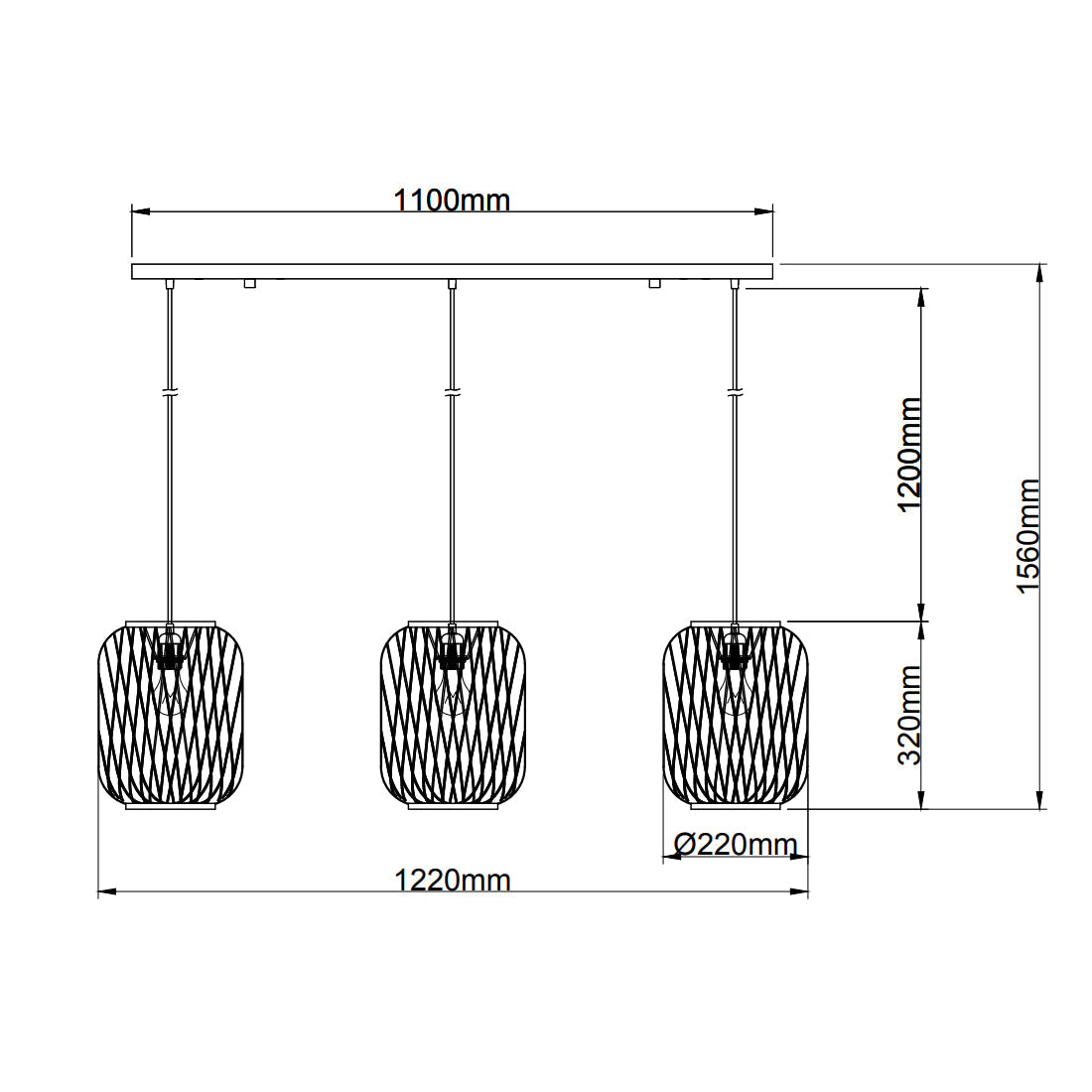 Ronde natuurlijke hanglamp – Chericoni Nature Diagonaal – 3-lamps – bamboe – 122 cm