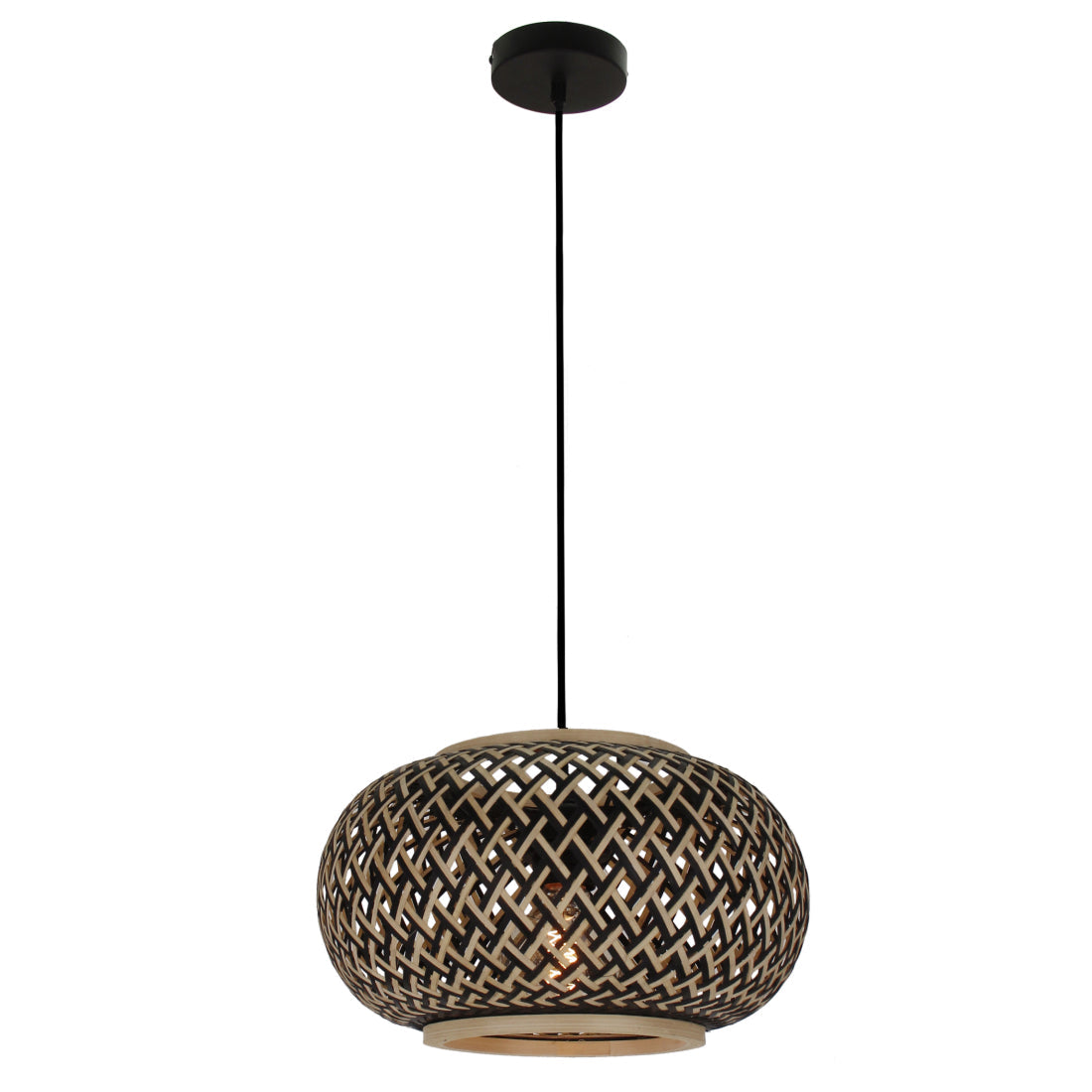 Various Weaving 1-lichts hanglamp Ø38 cm in natuur en zwart, compleet afgebeeld tegen een neutrale achtergrond.