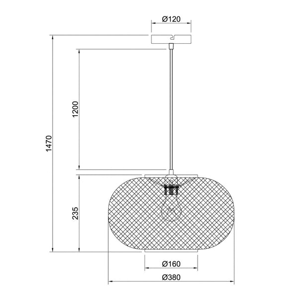 Technische tekening van de Various Weaving hanglamp Ø38 cm met afmetingen en verstelbare snoerlengte.