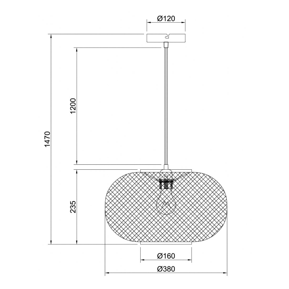 Technische tekening van de Various Weaving hanglamp Ø38 cm met afmetingen en verstelbare snoerlengte.