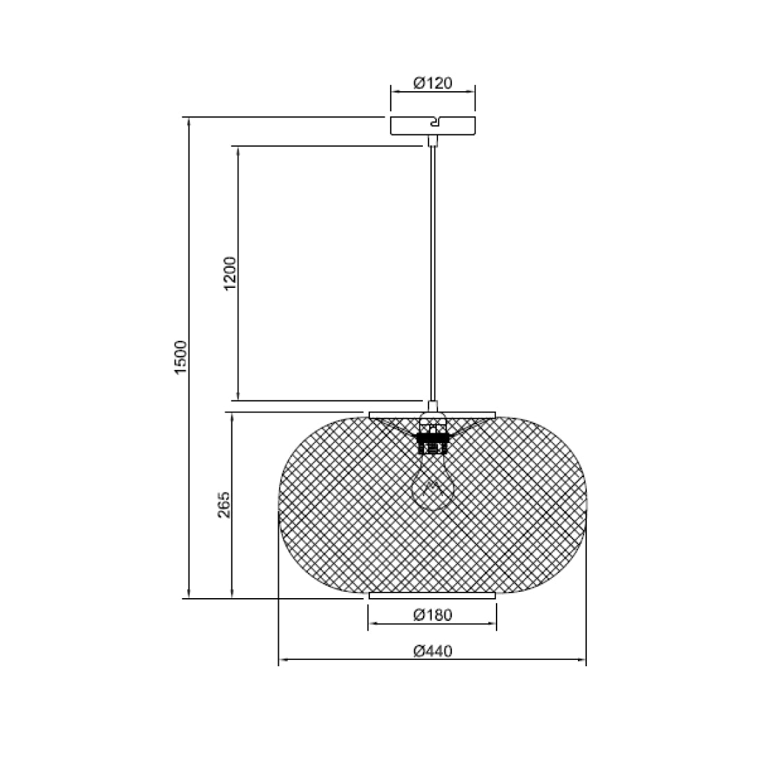Technische tekening van de Various Weaving hanglamp Ø44 cm met afmetingen en verstelbare snoerlengte.