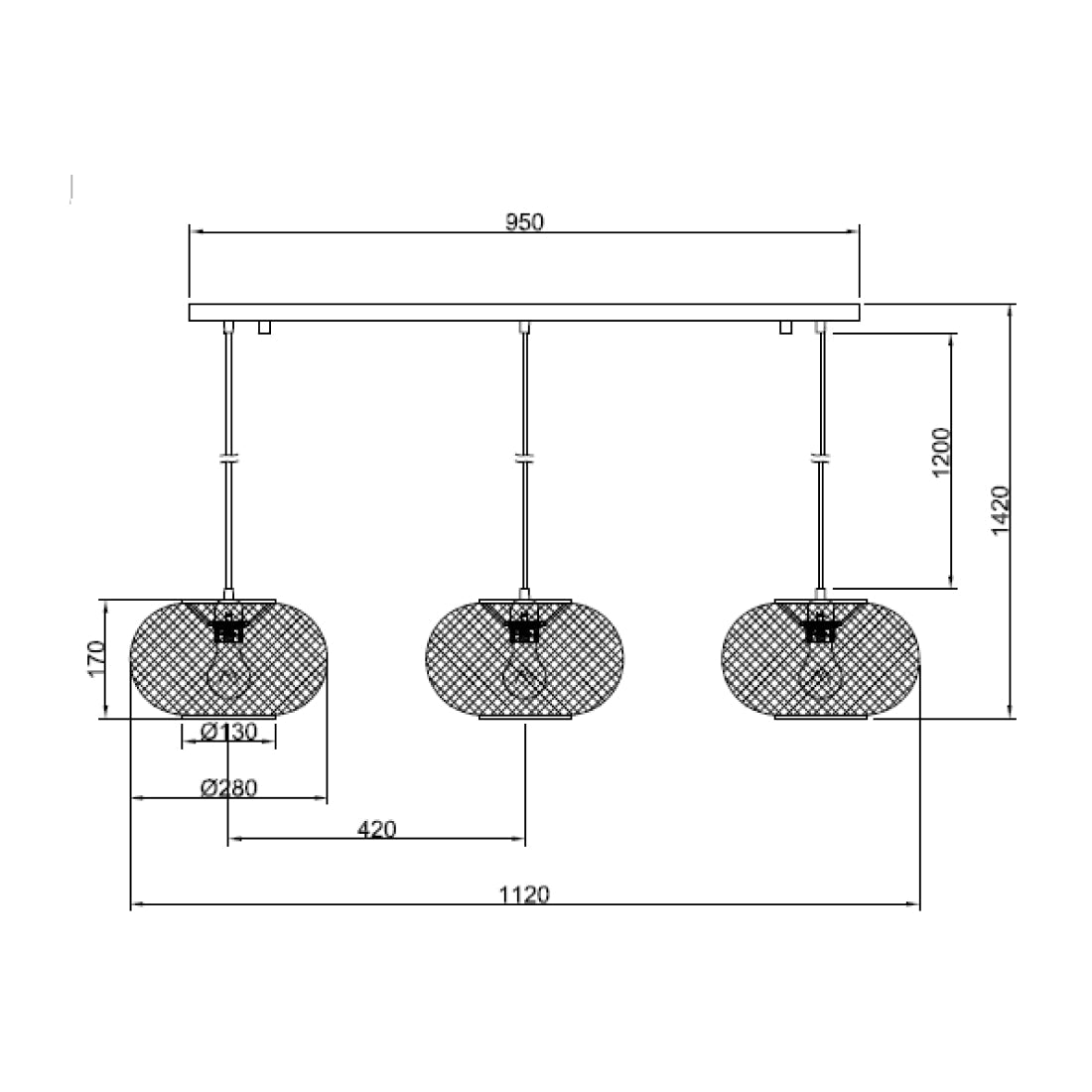 Technische tekening van de Various Weaving 3-lichts hanglamp Ø28 cm met afmetingen en verstelbare snoerlengte.