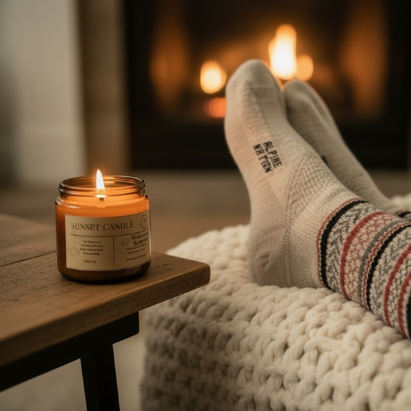Candle on a table with feet in patterned socks by a fireplace