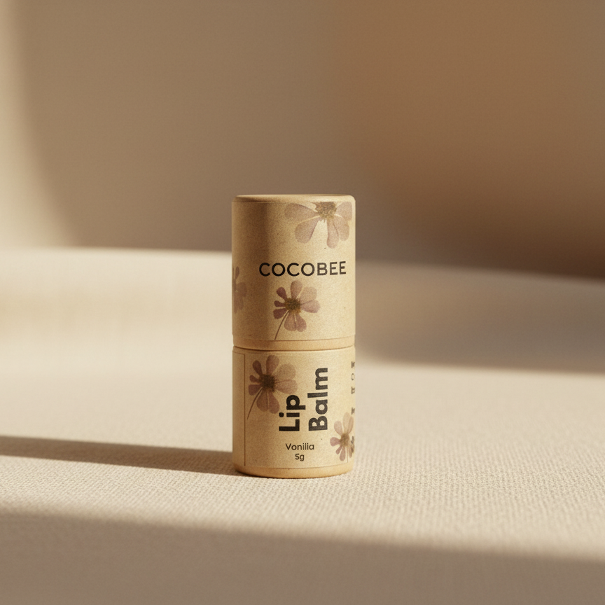 CocoBee lip balm in a kraft paper tube on a beige surface