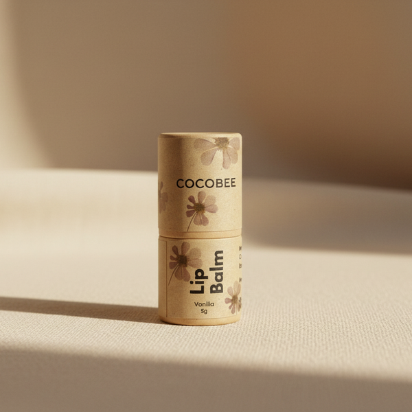 CocoBee lip balm in a kraft paper tube on a beige surface