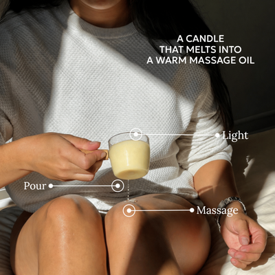 CocoBee moisturizing massage candle in a glass pouring cup
