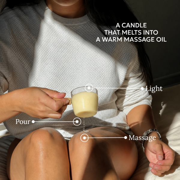 CocoBee moisturizing massage candle in a glass pouring cup