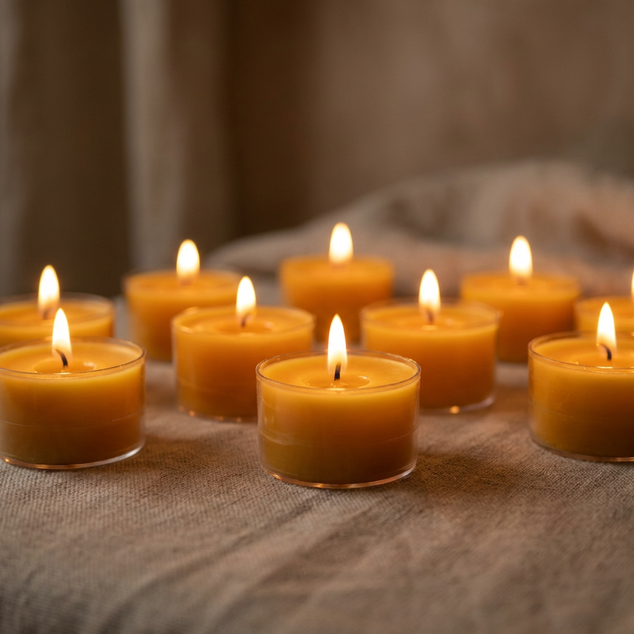 Lit CocoBee beeswax tea candles on textured linen
