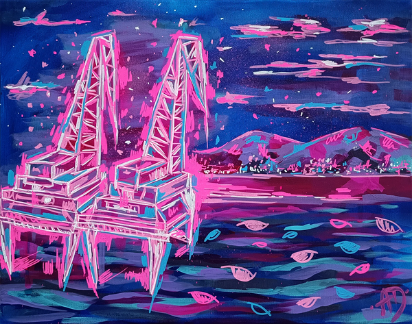Pintura original 'Grúas de Rijeka III'