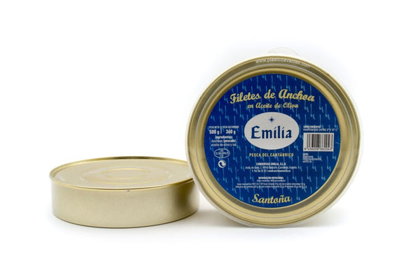 Filetes de Anchoa en aceite de oliva "Serie Plata"- Pescado del Cantábrico, lata 500gr. - Conservas Emilia