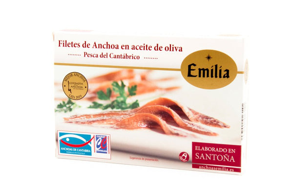 Filetes de Anchoa en Aceite de Oliva "Serie Oro" - Pescado del Cantábrico, lata 115gr. (10-12 filetes) - Conservas Emilia