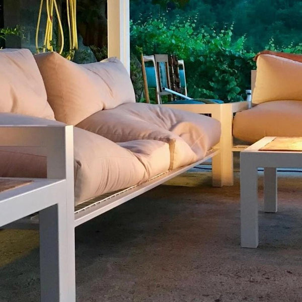 Fodera Cuscini Seduta e spalliera per pallet su seduta in ferro per esterno. cuscini di colore beige in tessuto acrilico impermeabile. Lavorazione artigianale e su misura Arketicom (4462864826426)