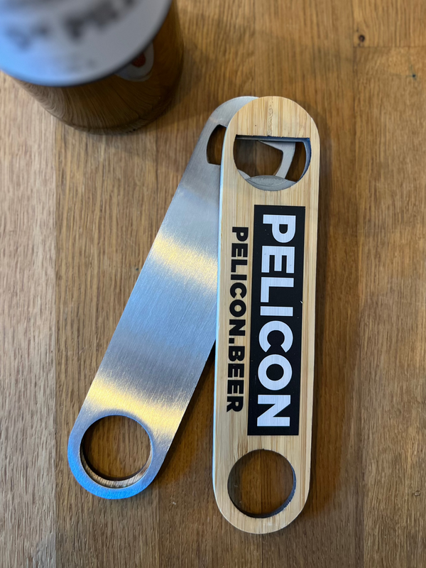 Bottle opener with two-color inscription Pelicon (stainless steel/wood)