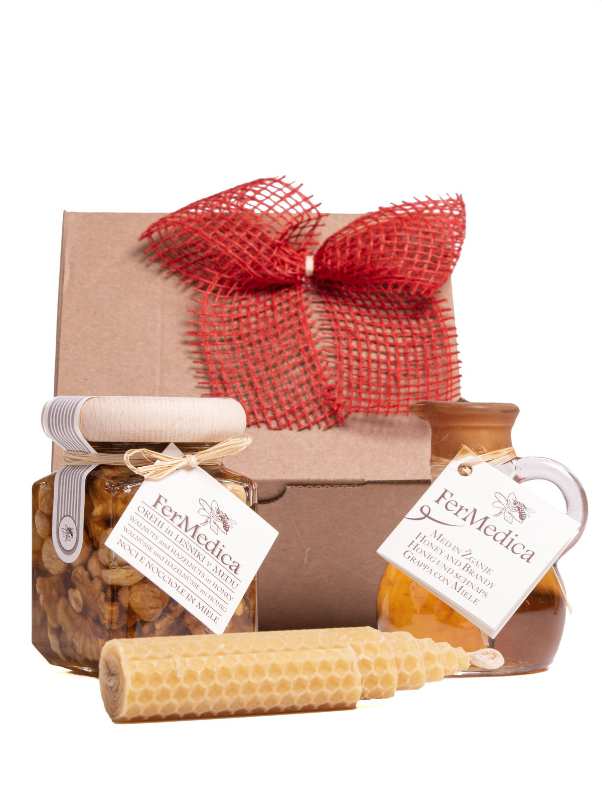 Gift Set – Honey Liqueur 0.1 l, Walnuts and Hazelnuts in Honey 250 g, Beeswax Candle