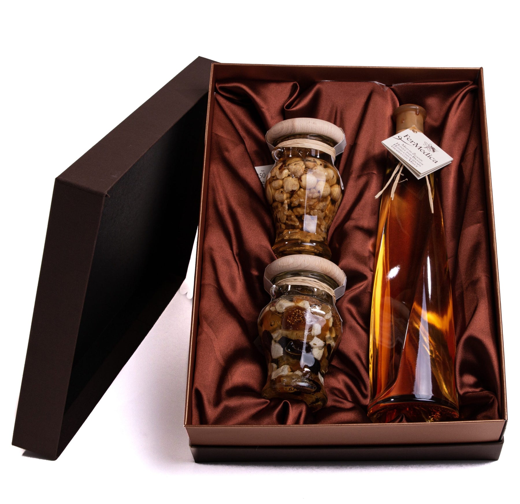Luxusní set medu a brandy 0,5 l + 2x 250 g (Vlašské ořechy a lískové ořechy/sušené ovoce v medu)