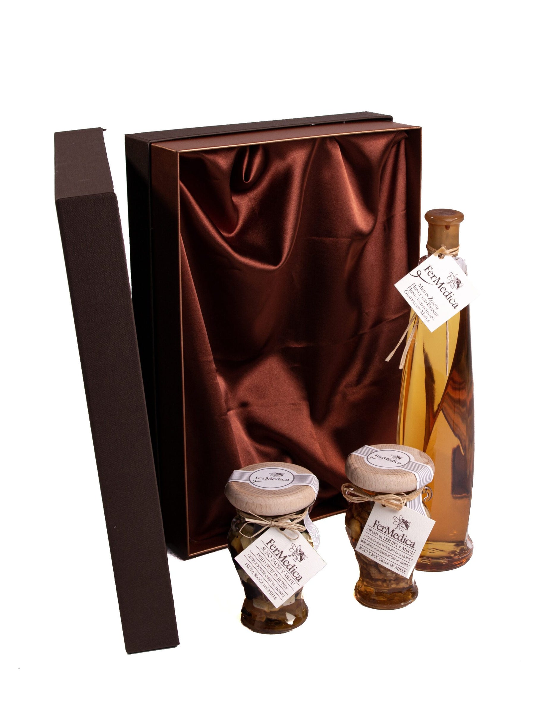 Luxusní set medu a brandy 0,5 l + 2x 250 g (Vlašské ořechy a lískové ořechy/sušené ovoce v medu)
