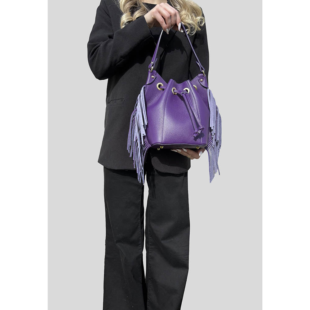 Women's Leather Bucket Handbag with Fringes ART. K104