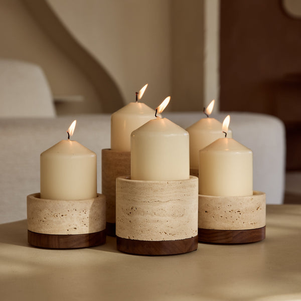 Portacandele in Travertino S Ø9.5x4cm incl. Piatto in Legno