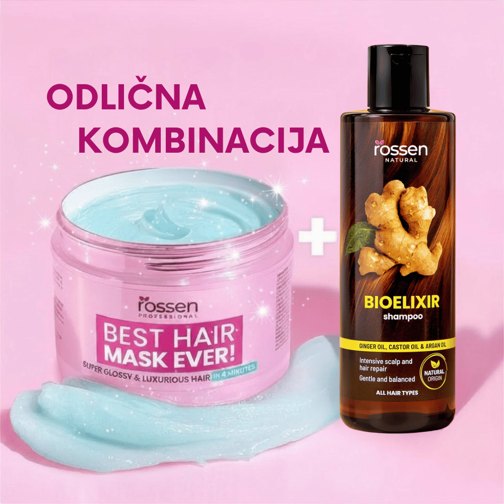 Pink background ad for a hair-care duo: jar of Best Hair Mask Ever and Bioelixir shampoo bottle with a plus sign between them, suggesting a perfect combination.